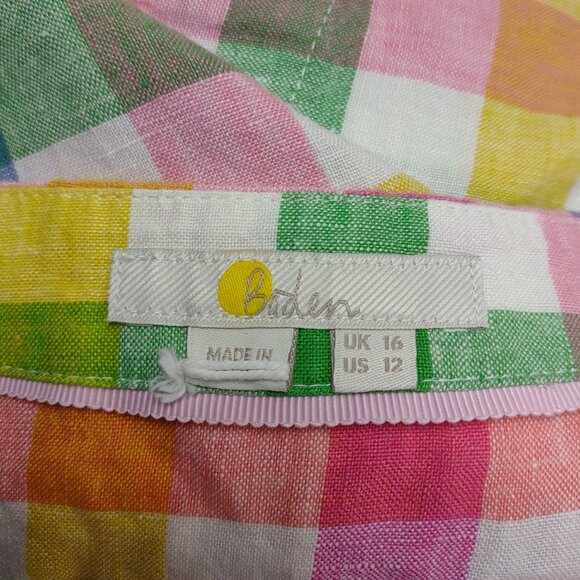 Boden colorful plaid check 100% Linen round neck 3/4 sleeve blouse top ladies 12 - Picture 6 of 7